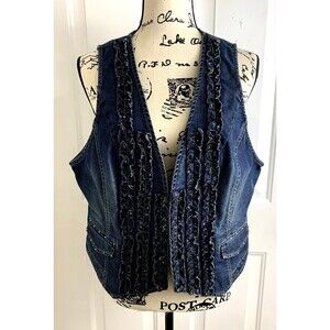 Chico’s 2 Denim Vest Open Front Princess Cut Ruffles Embellished